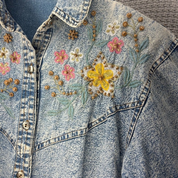 Vtg Pretty Bleu 80's 90's Denim Acid Wash Bedazzled Floral Button Women Top Med - Picture 4 of 9